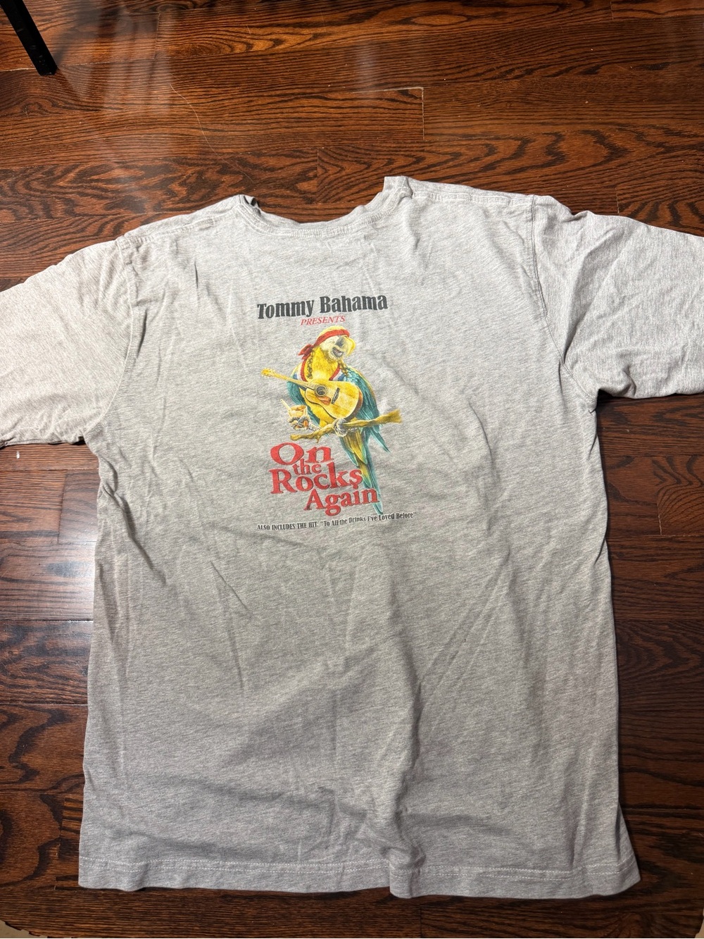 Tommy Bahama Light Gray Tee with Colorful Parrot Graphic - "On the Rocks Again"
